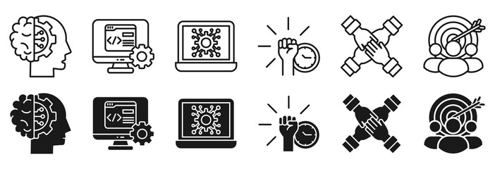 Hackathon icon set. Design sprint-like social coding event and brainstorm symbol © Joniack