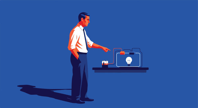 Businessman points at a simple circuit with an unlit bulb, symbolizing new idea