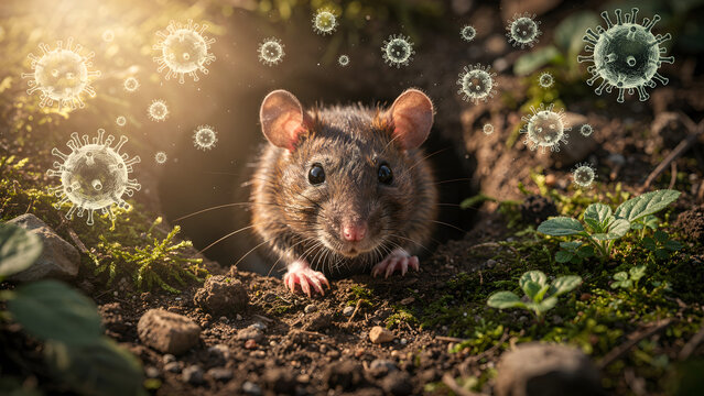 Brown rat with virus particles in underground burrow