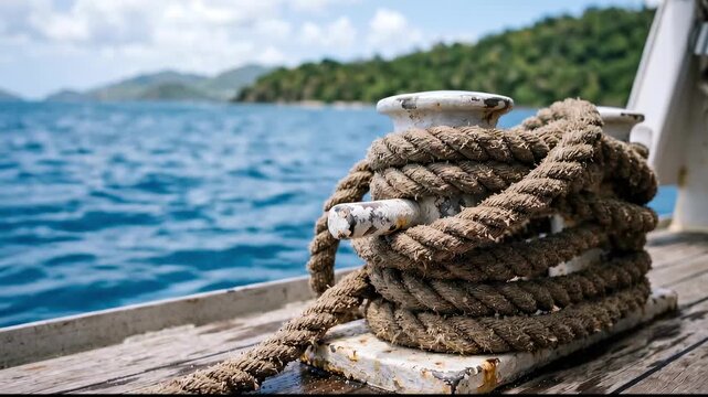 Close-up of a coiled rope on a wooden boat deck against the ocean.