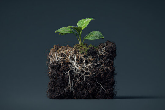Hyperreal plant sprout with ultra detailed soil and leaf texture in modern studio clarity