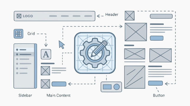 Web Design Blueprint: A detailed diagram showcasing the core components and structure of a website design, with emphasis on layout and functionality.
