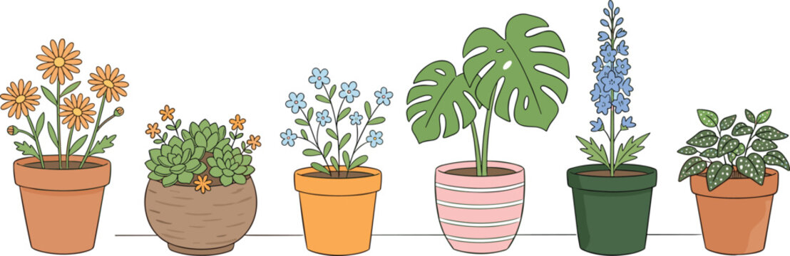 Collection of Diverse Flowering Houseplants and Tropical Greenery in Decorative Pots for Spring Garden Themes, Home Decor Illustrations, and Botanical Graphic Design Layouts