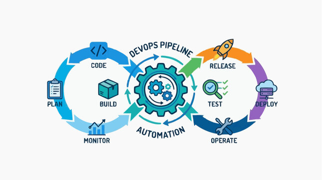 DevOps Pipeline Illustration: A visually engaging illustration showcasing the continuous cycle of DevOps, highlighting the key stages and processes in software development and deployment.