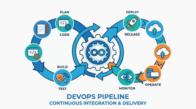 DevOps Pipeline: A comprehensive and vibrant infographic showcasing the various stages of the DevOps pipeline, visualizing the continuous integration and delivery process.