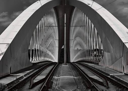 train on the railway, bridge in Prague Troja.