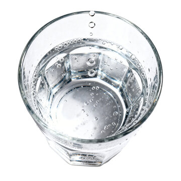 [Transparent Background PNG]Top down view of glass of water with ice cubes and falling droplets