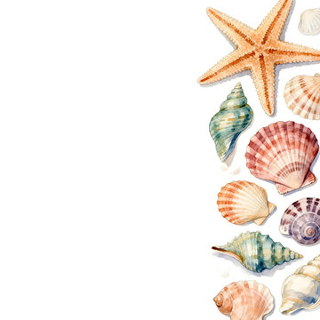 Watercolor starfish and seashells on white background