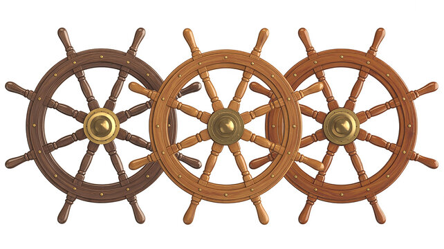 A set of three traditional wooden ship's wheels arranged horizontally against a white background