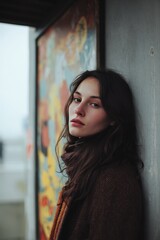 Fototapeta premium Young woman with long brown hair leaning against a wall outdoors
