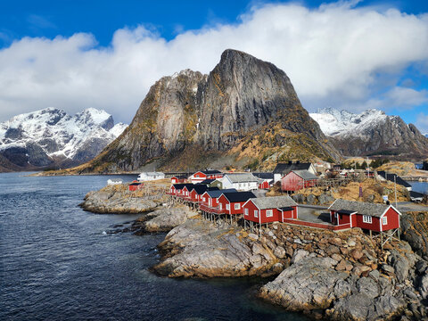 Red fishing cabins in Reine village, Lofoten Islands, Norway