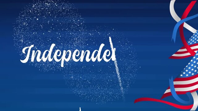 Independence day celebration featuring fireworks, patriotic ribbons, and the american flag. Suitable for fourth of july promotional materials.