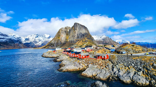 Red fishing cabins in Reine village, Lofoten Islands, Norway