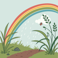 Obraz premium Colorful cartoon illustration of a rainbow arching over lush green landscape with raindrops and butterfly digital art after rain landscape illustration butterfly colorful tranquil peaceful