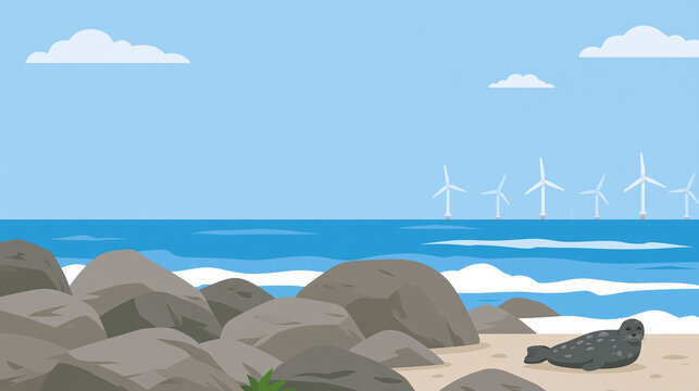 Rocky beach seal ocean wave sand cloud wind turbine coast shore summer nature seascape seaside boulder rock sky blue animal marine resting
