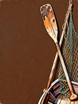 Weathered wooden oar and fishing net on boat against brown background