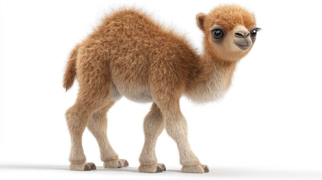 Cute brown llama standing on white background