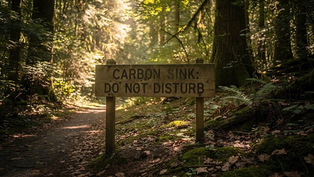Signage displaying carbon sink warning stands along a dirt trail in a dense temperate forest area.