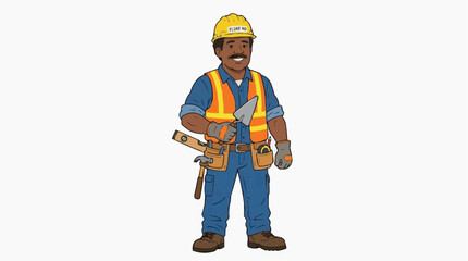 Fototapeta premium Construction worker holding trowel and spirit level ready for work tool belt