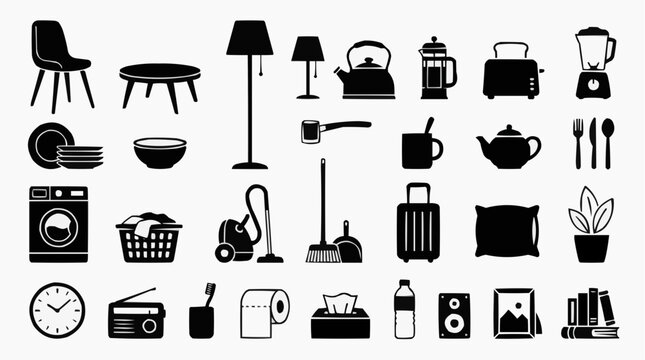 Collection of household items and appliances with furniture set, domestic applia