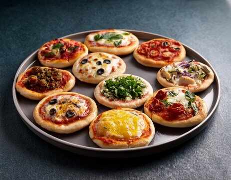 a plate with multiple mini pizzas each featuring a different international topping combination