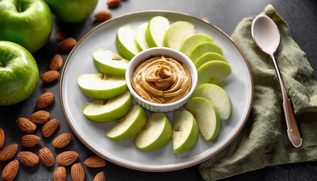 green apple slices with peanut butter dip on white plate fresh fruit with creamy spread ready for eating healthy snack preparation for delicious treat