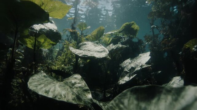 Flooded Amazon rainforest cinematic river journey, tropical forest, biodiversity and nature conservation concept