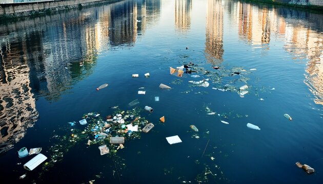 scattered rubbish floating on the surface of a calm city river