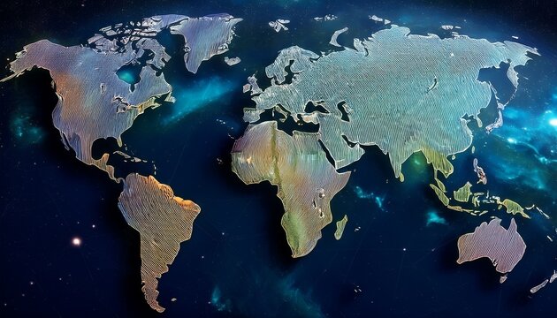 a complete physical world map with detailed topography and ocean bathymetry set against a starry space background