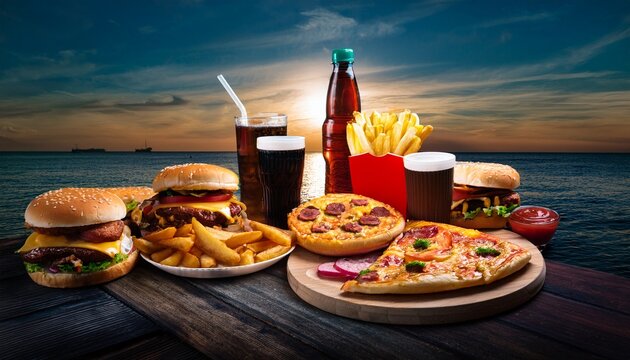 indulgent fast food feast featuring pizza burgers hot dogs fries and refreshing cola drinks