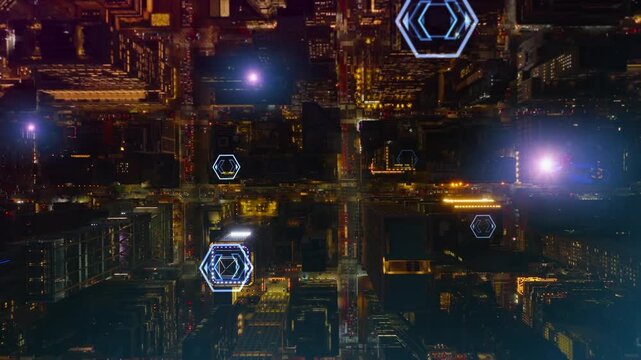 Holographic information icons tracking data flow above futuristic smart city with glowing network connections and digital overlay representing urban communication technology