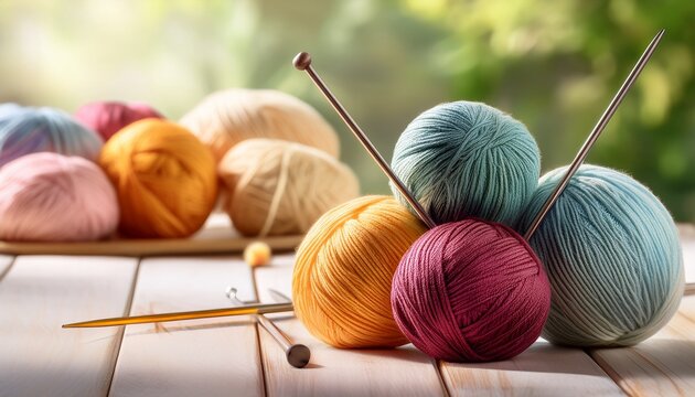 colorful yarn balls and knitting needles craft supplies