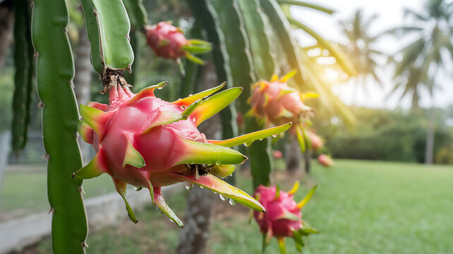Close up of a vibrant pink and green dragon fruit on a cactus stem with water droplets and a blurred tropical garden background