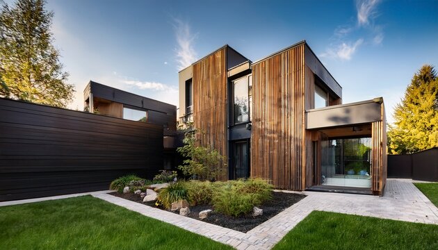 luxurious modern cubic house with wooden cladding and black panel walls front yard landscaping