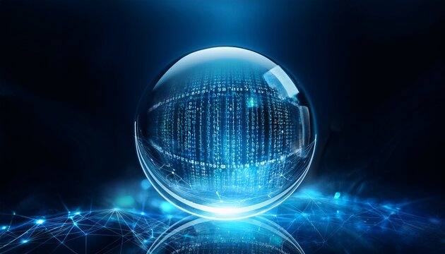 crystal ball shows glowing data patterns blue smoke swirls around glass sphere predicting future finance digital numbers and lights glow inside predicting market