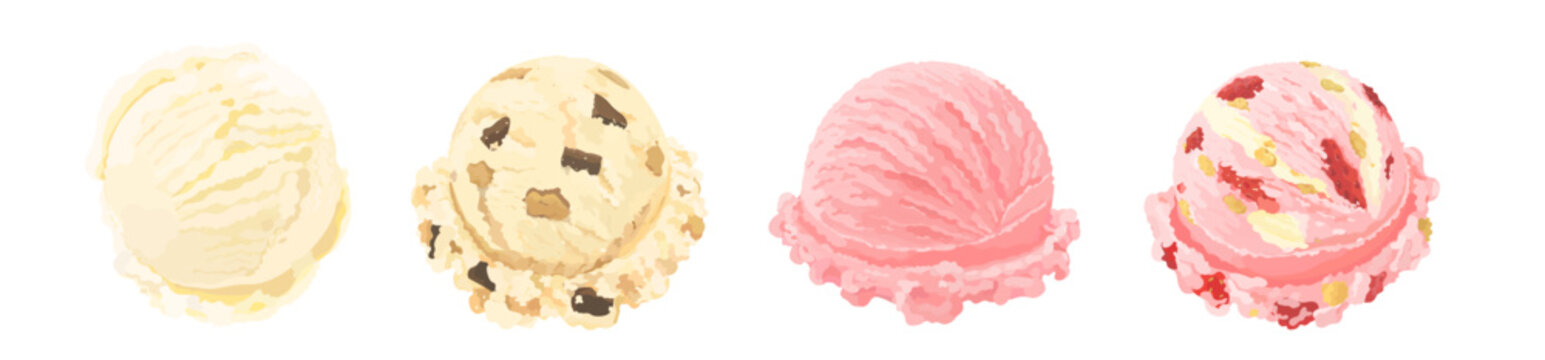 Set of tasty vector hand drawn vanilla and strawberry cookie dough ice cream scoop. Cartoon cold summer dessert illustration isolated on white.