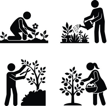 Set of stick figure gardening icons featuring people planting watering pruning and harvesting fresh fruit trees.
