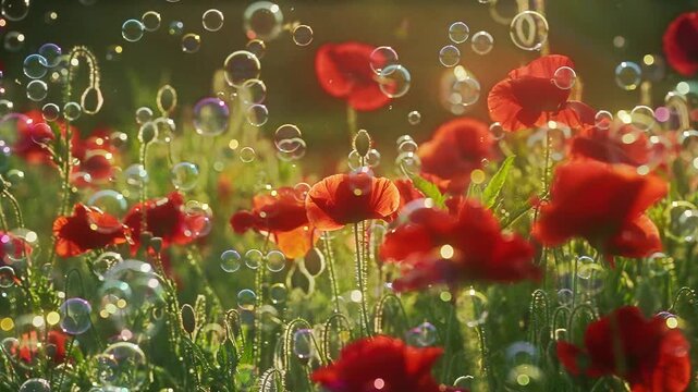 Soap bubbles floating over red poppies in sunlight