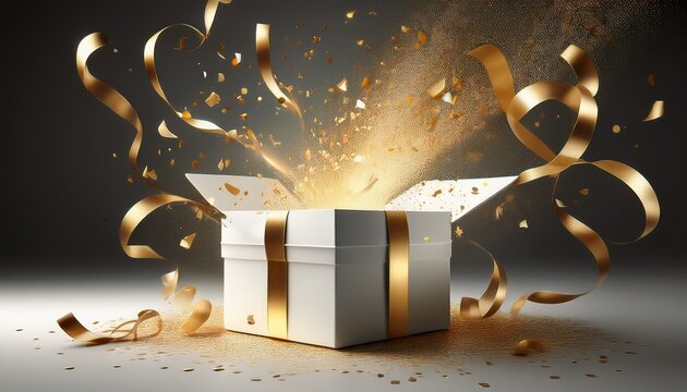 white gift box with gold ribbon and confetti exploding out