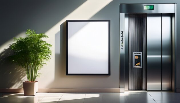 blank framed poster hangs on wall beside modern metal elevator door sunlight casts long shadows on floor plant adds touch of green indoors