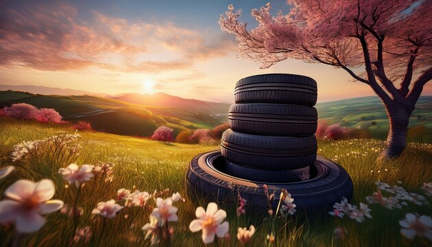stack of car tires rests in grassy field with blooming cherry trees and wildflowers sunset paints sky with warm colors over rolling hills creating tranquil spring scene