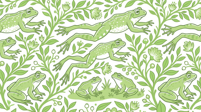 Seamless Frog and Botanical Pattern Featuring Green Frogs with Leaves and Floral Elements in Nature Inspired Decorative Vector Style
