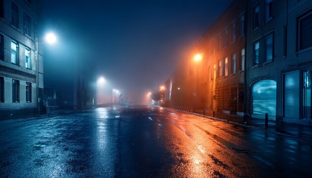 dark urban street at night wet asphalt reflects orange and blue light from streetlamps buildings line the deserted road shrouded in fog creating a mysterious tense atmosphere