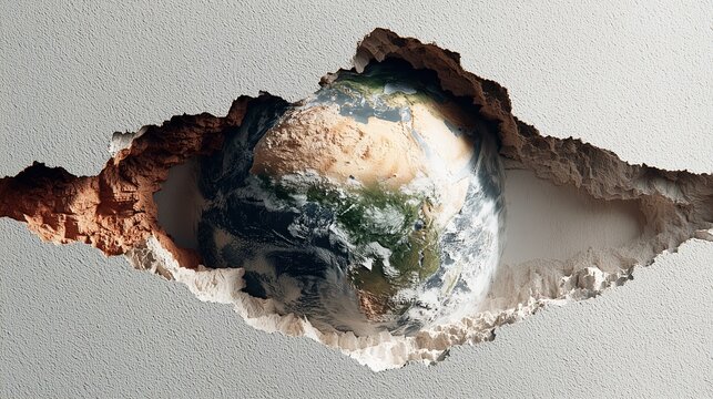Earth globe visible through a jagged crack in a white textured wall. Global discovery and environmental concept. Planet earth hidden behind a broken surface
