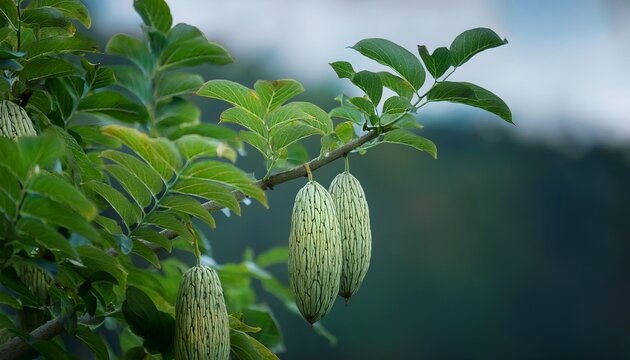 griffonia plant unripe seed pods hang from branch green oval pods with textured surface grow on tree limb lush leaves surround the developing fruit