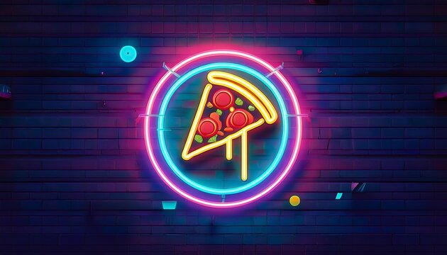 a glowing neon sign of a pizza slice in a retro 80s style pizzeria at midnight