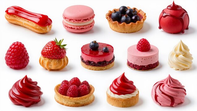 Red berry pastry assortment isolated on white background