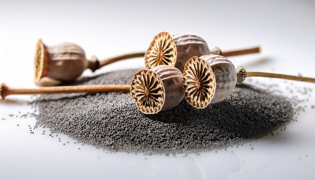 intricate macro image of poppy seed pods on white background showcasing unique textures and patterns