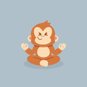 Cute cartoon monkey meditates peacefully. Eyes closed, hands form gentle mudra. Soft brown fur, light blue background. Perfect for wellness, mindfulness, or yoga content. Adorable design conveys calm