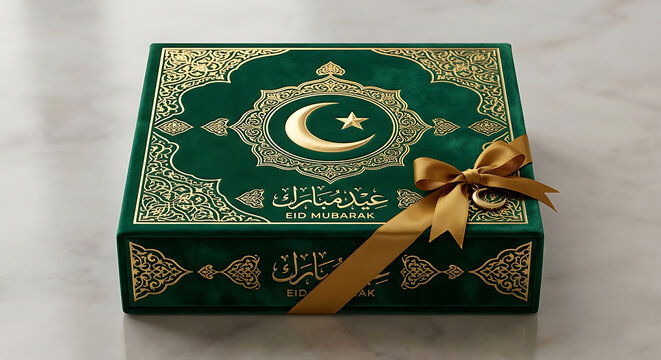 Luxury Green Velvet Eid Mubarak Gift Box with Gold Arabic Calligraphy and Ribbon on Marble Table &ndash; Premium Islamic Holiday Packaging.